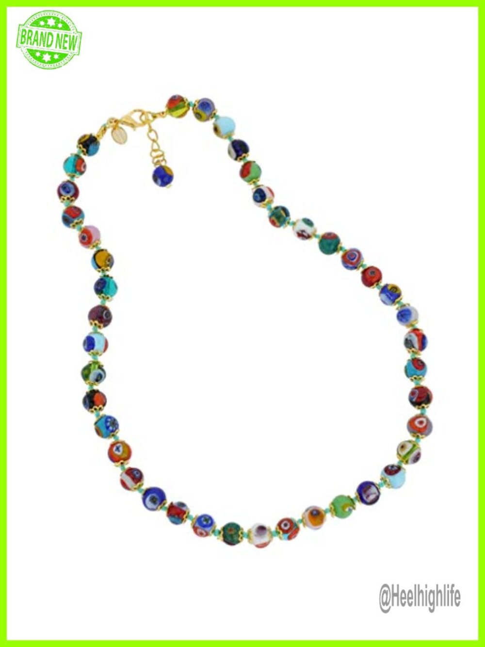 Handmade Murano Glass Millefiori Bead Necklace 17 Inch Gold Plated Brass